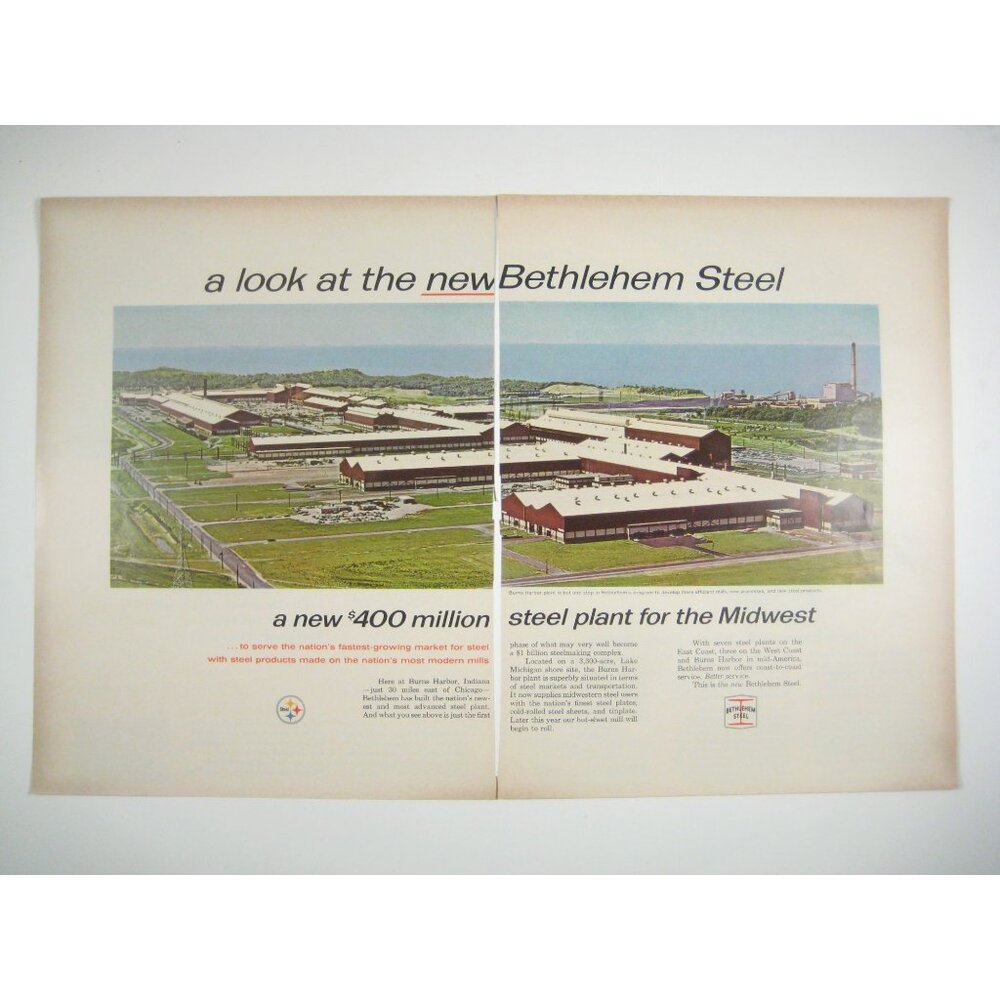 1966 Vintage Bethlehem Steel Plant Midwest Print Ad 2 Pages READ